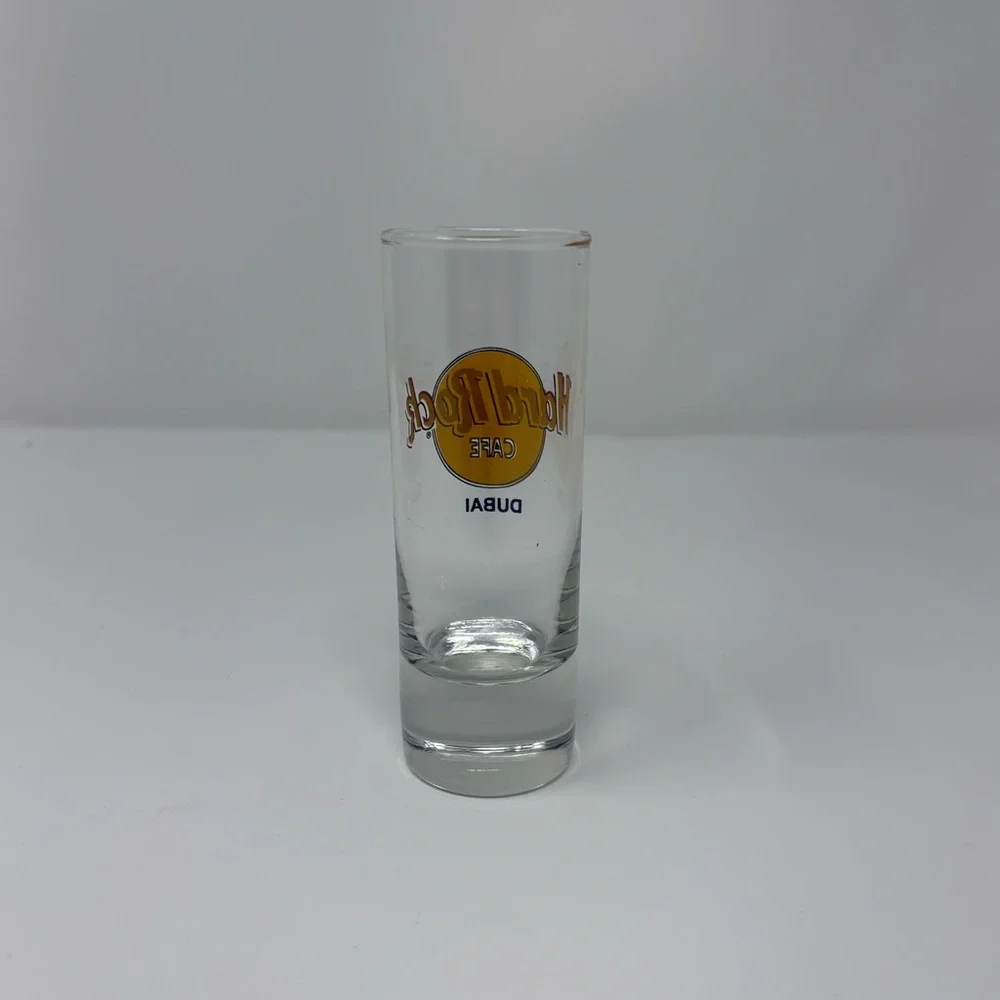 Hard Rock Cafe Dubai HRC Clear Shot Glass with Red and Yellow Logo 4” Tall
